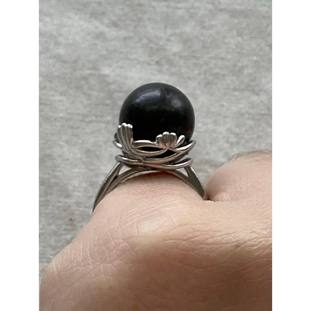 Vintage 925 Sterling Silver Black Pearl Ring Size 5.25 Estate Jewelry